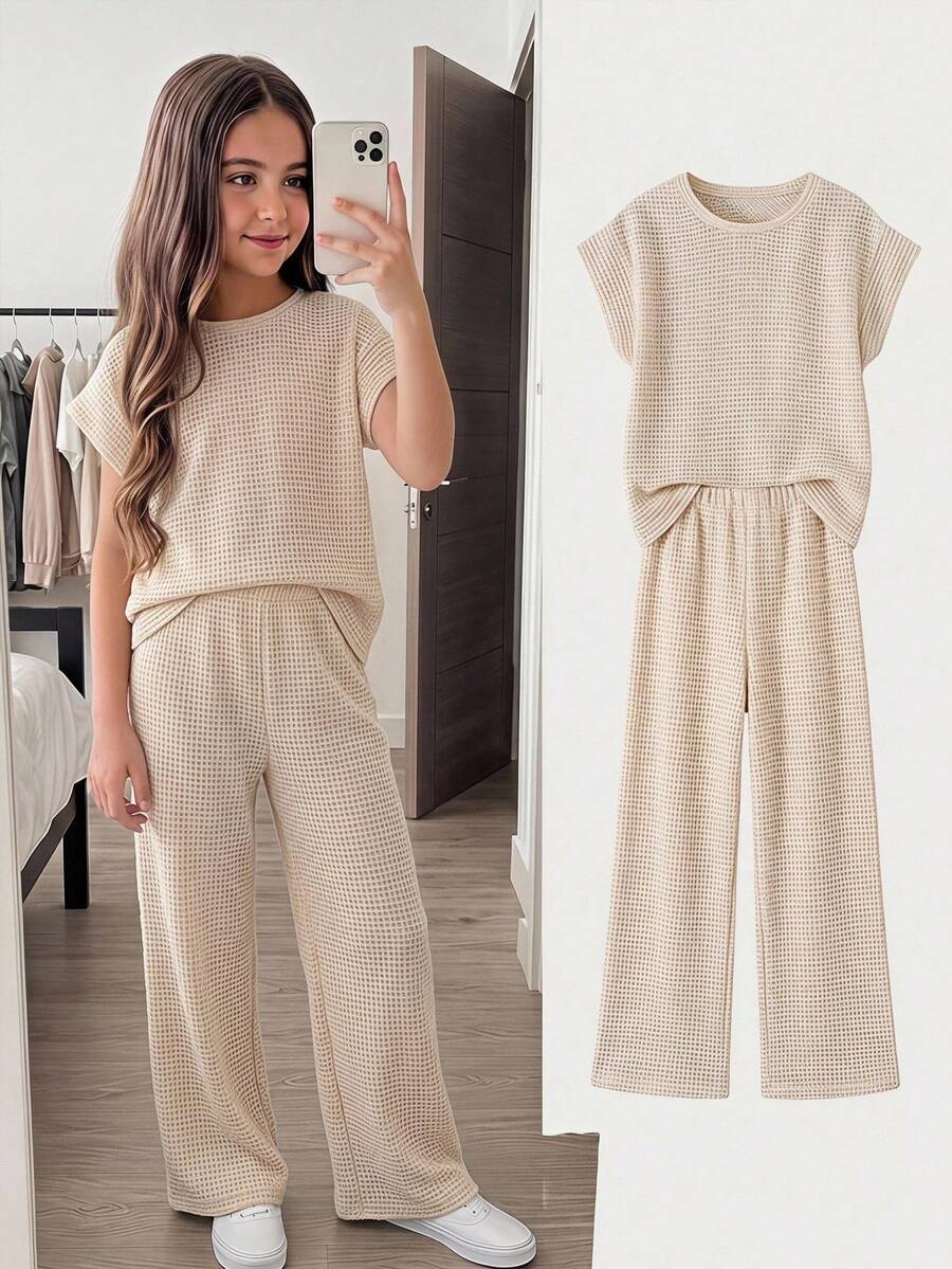 SHEIN 青少年女孩純色圓領短袖T恤與長褲休閒套裝 - 卡其色 - 查看 1