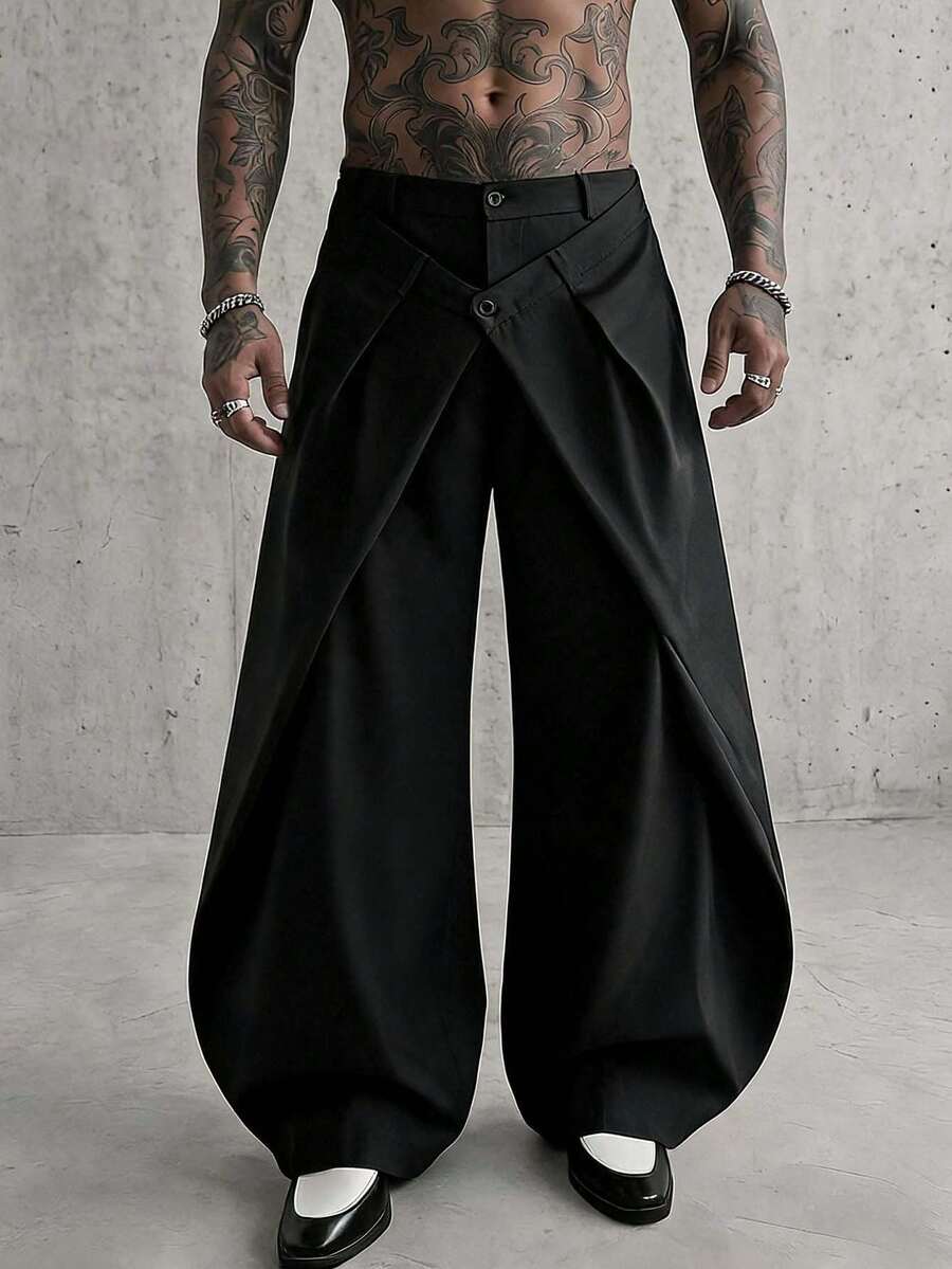 AXEPEAK Pantalones anchos de pierna suelta con diseño deconstruido de unicolor para hombres - Negro - Ver 1
