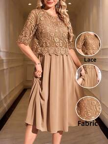 SHEIN Clasi 女款花卉刺繡圖案休閒派對旅行中長洋裝 - 駝色 - 查看 8