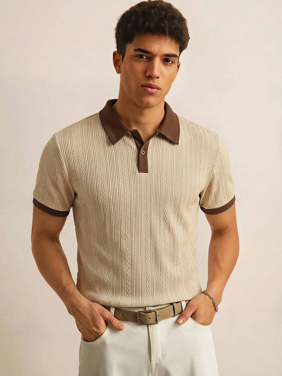 SWAVVY Men's Summer Casual Colorblock Patchwork Short Sleeve Polo Shirt - Khaki - View 1