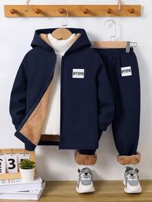 SHEIN 2件組兒童青少年藍色冬季外套與棕色保暖毛絨內裡長褲，梭織兩件套，適合通勤穿著 - 藏蓝色 - 查看 9