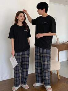 DAZY 男士字母印花T恤和格子裤睡衣套装，春夏款 - 彩色 - 查看 5