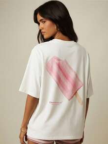 MISSGUIDED Kaos Grafis Ukuran Besar dengan Gambar Es Krim Stroberi di Bagian Belakang, Kerah Bulat, Bahu Longgar, Kaos Kasual Musim Panas - Putih - View 2