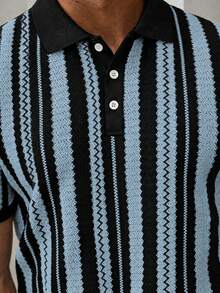 Manfinity CasualCool 男士休閒商務條紋設計 Polo 衫，適合日常通勤穿著，百搭 - 淺藍色 - 查看 4