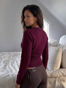 Autumina Women's Long Sleeve Sweet Casual Slim Fit Polar Fleece Cardigan - Burgundy - View 2