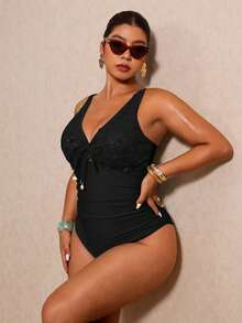 Elaquor Plus Size Elegant Sequin Tie-Up Fashion Vacation One-Piece Swimsuit Elegant Luxury Sequin Beach Vacation Swim Dress For Women Elegant Black Swim Dress - Black - View 7