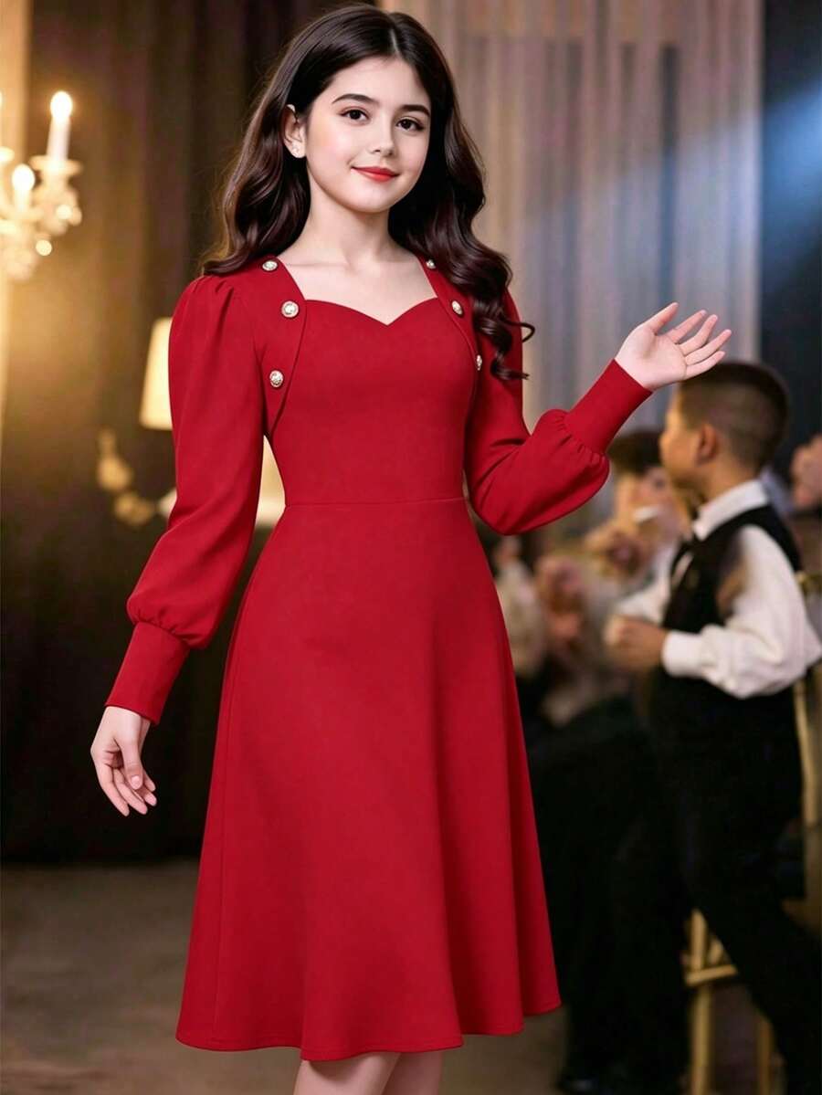 SHEIN 簡單優雅V領裝飾鈕扣泡泡袖純色洋裝,適合前青春期女孩,適用於聖誕派對、聖誕洋裝、新年洋裝、跨年洋裝等場合 - 紅色 - 查看 1
