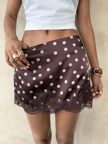 Aloruh Women's Summer Elegant Sexy Y2k Brown Polka Dot Print Lace Patchwork Skirt Night - Brown - View 2