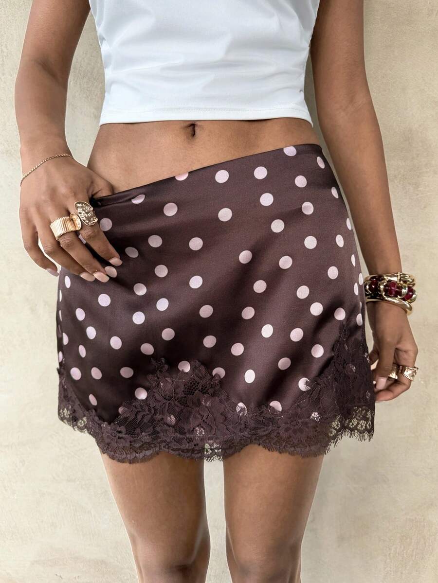 Aloruh Women's Summer Elegant Sexy Y2k Brown Polka Dot Print Lace Patchwork Skirt Night