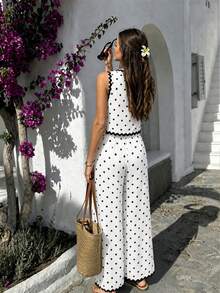 Cévolie Women's Lace Contrast White And Black Polka Dot Casual European Italian Tropical Sexy Boho Sleeveless Tank Top Wide-Leg Pants Beach Summer - Black and White - View 3