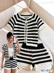 Franclia Conjunto de cárdigan de cuello redondo a rayas y pantalones cortos, diseño entallado - Blanco y Negro - Ver 4