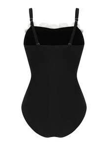 SHEIN Swim 女款黑色花卉裝飾連身泳衣與網紗裙兩件套，夏季沙灘穿搭 - 黑色 - 查看 3