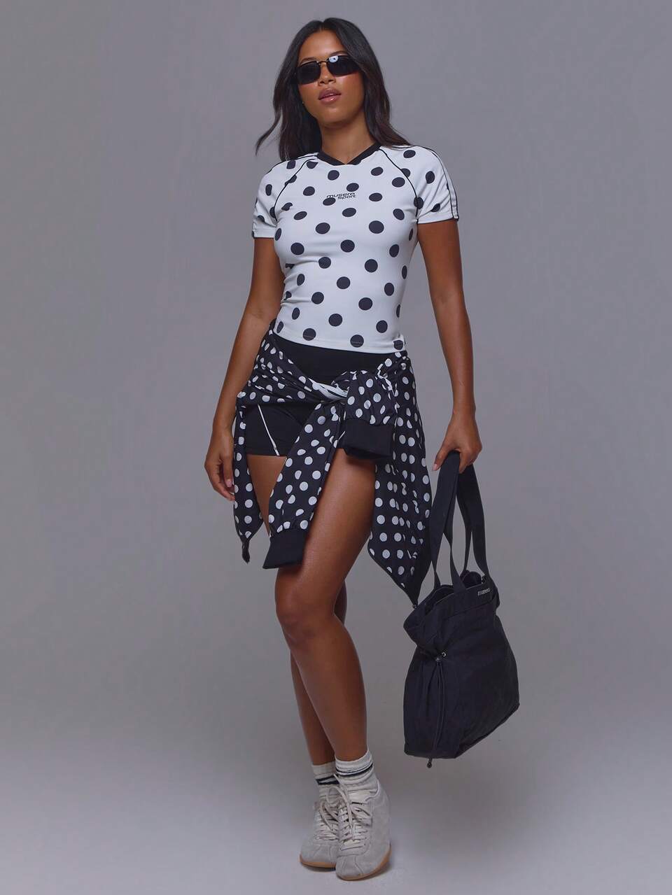 White Sport Logo V Neck Polka Dot Print Contrast Colour Piped Fitted Active Top Only Pilates Fitness Daily Casual Everyday Void