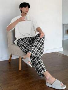DAZY 夏季字母印花T恤和格子裤男士家居服套装睡衣 - 白色 - 查看 4