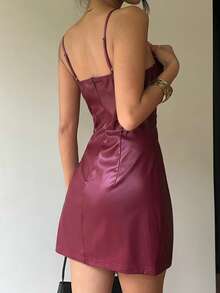 Aloruh Women's Spaghetti Strap Sweetheart Neckline Fitted Burgundy PU Mini Dress - Burgundy - View 2