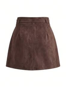 SHEIN Clasi 女款純色A字直筒高腰附腰帶裙 - 棕色 - 查看 8