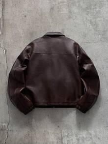 AXEPEAK Men's Solid Color PU Leather Zipper Placket Cargo Pocket Jacket - Khaki - View 2
