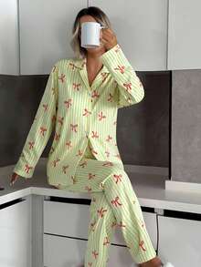 SHEIN Conjunto de pijama de 2 piezas con botones delanteros y estampado a rayas y de patrón para mujer talla alta - Verde - Ver 4