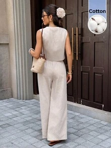 Serisse Women's Striped Single-Breasted Vest And Pants Casual Two Pieces Set - Apricot - View 3