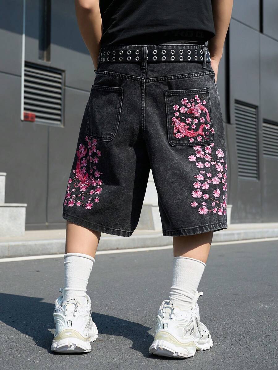 Manfinity Roghcode Men's Street Fashion Casual Embroidered Dark Gray Plus Size Denim Shorts - Dark Grey - View 1