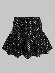 SHEIN Tween女孩休閒日常百搭舒適高腰波點荷葉邊裙 秋冬穿搭 - 黑色 - 查看 3