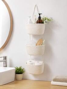 Wall-Mounted Storage Basket, Three-Tiered, Wall-Mounted Dormitory Room Organizer, Cotton-Woven Basket, Fits Behind Doors. - White - View 6