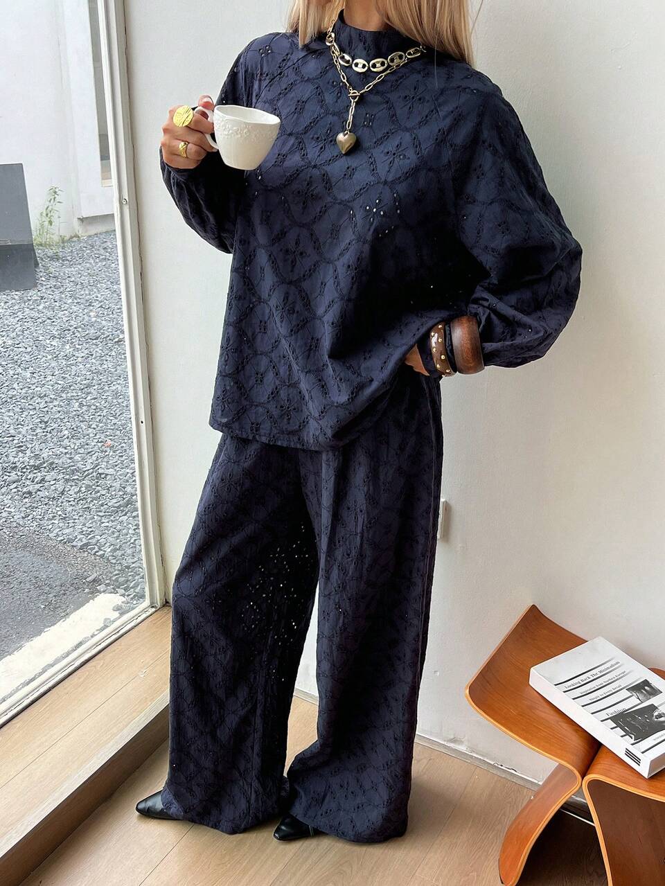 Autumn Summer Hollow-Out Jacquard Lace Long Sleeve Stand Collar Blouse & Wide Leg Pants Casual Vacation Commute Office Women 2 Pieces Set