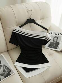 Franclia Contrast Color Asymmetrical Shoulder Knit Sweater, Asymmetrical Hem Casual Commuter Top For Women, Summer - Black - View 2
