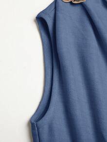 SHEIN Serisse Kids 少女休閒時尚通勤高領金屬鈕扣裝飾卡其色收腰A字洋裝附腰帶 - 藍色 - 查看 6