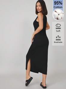 SHEIN BASICS 女款純色極簡側開衩圓領洋裝 - 黑色 - 查看 2