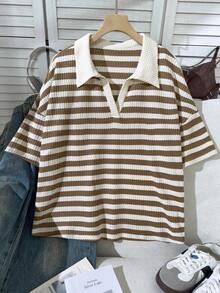 Comfortcana White Pattern Polo Collar Plus Size Short Sleeve T-Shirt Suitable For Summer Wear Back-To-School 90s Teacher Graduation Bussines Casual 1920s - Brown - View 5