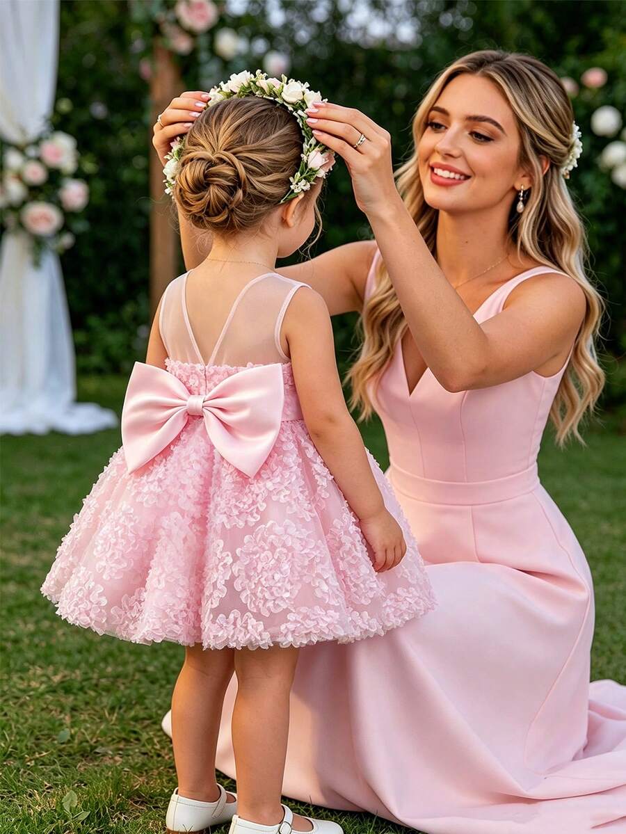 SHEIN Glamorique Kids 女嬰粉色洋裝,3D刺繡設計,背後附可拆卸大緞面蝴蝶結,適合婚禮、家庭聚會、高端親子下午茶、晚宴、生日派對、寶寶週歲派對、日常拍照、度假穿著、畢業舞會,夏季無袖洋裝 - 粉色 - 查看 1