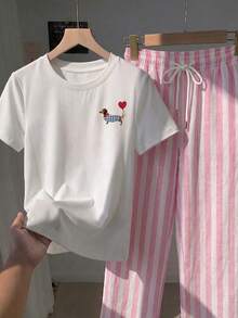 SHEIN Essnce 2件組刺繡圓領短袖上衣與條紋印花長褲，休閒風 - 粉色 - 查看 4