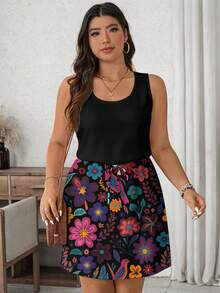 EMERY ROSE Plus Size Square Neck Patchwork Colorful Floral Print Tie Strap Sleeveless Dress - Multicolor - View 3