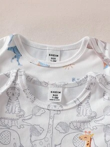 SHEIN 新生兒連身長袖褲裝連身衣與帽子睡衣家居服套裝，新品上市，可愛恐龍、長頸鹿、大象、獅子、老虎、鱷魚及其他趣味圖案印花組合 - 彩色 - 查看 5