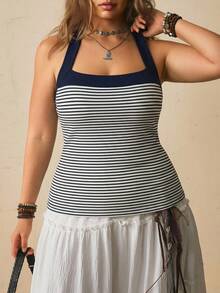 Levarali Women's American Retro Style Casual Tropical Navy Blue Ribbed Knit Camisole - Fitted Sleeveless Top Vacation Summer Formal - Navy Blue - View 4