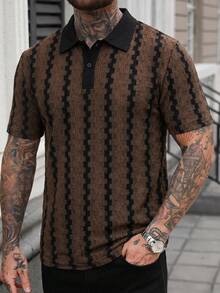 Manfinity Homme 男士拼色領口短袖 Polo 衫，復古幾何提花休閒上衣 - 摩卡棕 - 查看 3