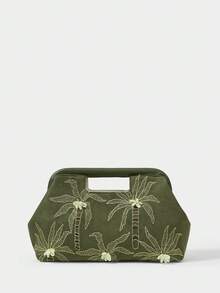 SHECARRY 女士手拿包、手提包，橄欖綠色，附椰子樹刺繡與珠飾，時尚優雅簡約個性百搭，適合海灘、度假、假期、夏季、海邊、海灘派對、約會、日常、購物、下午茶等場合 - 軍綠色1 - 查看 3