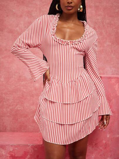NYA SZN Dress Mini Length Scoop Neck Ruffle Stripe Long Sleeve Gyaru Brunch Birthday Red White Summer Outfits For Women