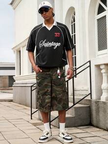 Manfinity Roghcode 男士街頭風休閒做舊多口袋迷彩大尺碼牛仔短褲 - 軍綠色 - 查看 8