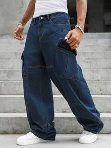 Manfinity EMRG American Vintage Structural Design Blue Washed Workwear Large Pocket Loose Curved Leg Denim Pants - Blue - View 2