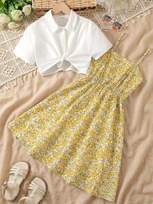 SHEIN Tween Girl S 號純色短袖上衣與碎花細肩帶洋裝套裝 - 黃色 - 查看 3