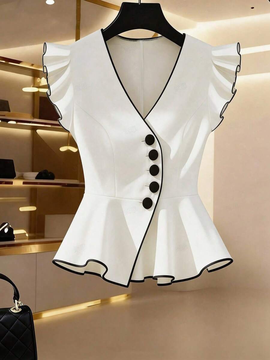 SHEIN PETITE Elegant And Stylish Women's Blouse, White Base With Black Piping, Fitted Waist, Black And White Color Blocking Design, Long Sleeves, Suitable For Everyday Wear, Dates, And Commuting. Elegant Women's Blouse, White Women's Blouse, Women's Shirt, Women's Party Blouse Petite - Black and White - View 1