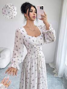 Modelyn Gaun Midi Wanita Desain Prancis dengan Leher Lubang Kunci dan Tali Ikat Pinggang, Lengan Lentera - Purple - View 7