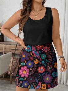EMERY ROSE Plus Size Square Neck Patchwork Colorful Floral Print Tie Strap Sleeveless Dress - Multicolor - View 5