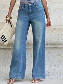 Mima John Celana Jeans Kasual Wanita dengan Kancing Depan dan Saku Sederhana - Biru - View 5