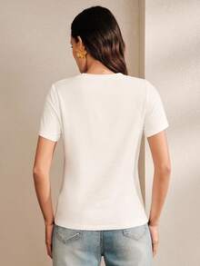 Anewsta Floral Print Casual Romantic Round Neck Short Sleeve T-Shirt Everyday White Summer - White - View 2
