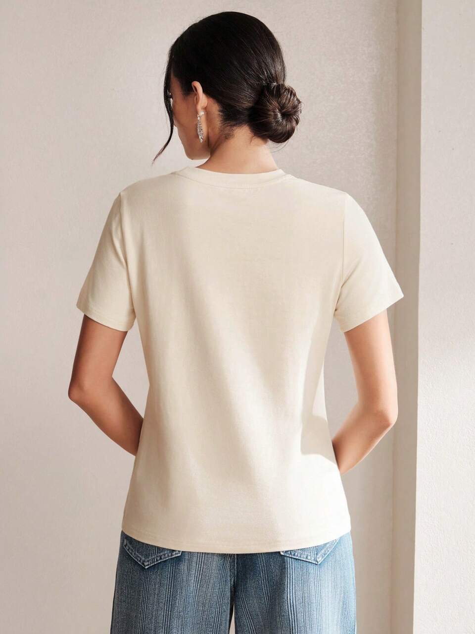 Anewsta Casual Elegant Rhinestone Beige Short Sleeve T-Shirt, Summer Tea Party
