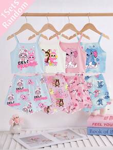 [Randomly Sent 1 Set]Tween Girls Pajamas Summer New Fashion Cute Cartoon Rabbit Pattern Printed Knit Ruffle Trim Camisole Top With All-Over Print Shorts 2-Piece Set 1Sets (Randomly Sent) - White - View 1