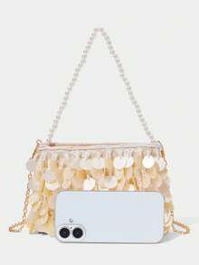 SHECARRY WOMEN'S FASHION BEIGE HANDBAG, EXQUISITE PEARL BEADS, SHELL PIECE DECORATION, SUMMER VACATION, TRAVEL, SEASIDE, BEACH, BOHEMIAN, PARTY - Beige - View 5
